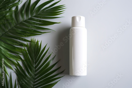 White blank packaging cosmetic bottle with palm leaves © Nate