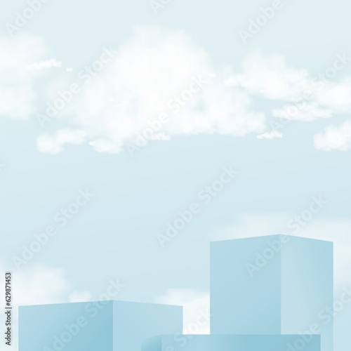Sky with cloud over podium display 3d step with geometric platform on blue background,Vector vertical banner with Stairway mockup on cloudy,Building wall backdrop Scene for Winter Sale