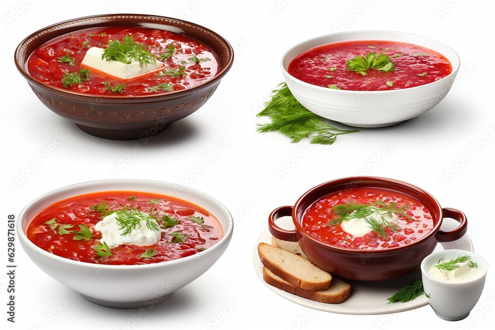 set of plates with borscht isolated on white background. set of plates with borscht isolated on white background.