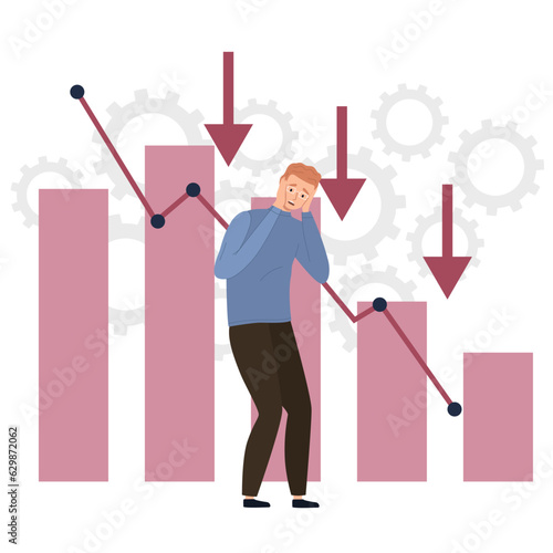 Financial crisis, business failure, economy crash, bankruptcy unpaid loan debt. Down arrow, negative chart, man upset about losing profits. Global economic money problem, depressed entrepreneur