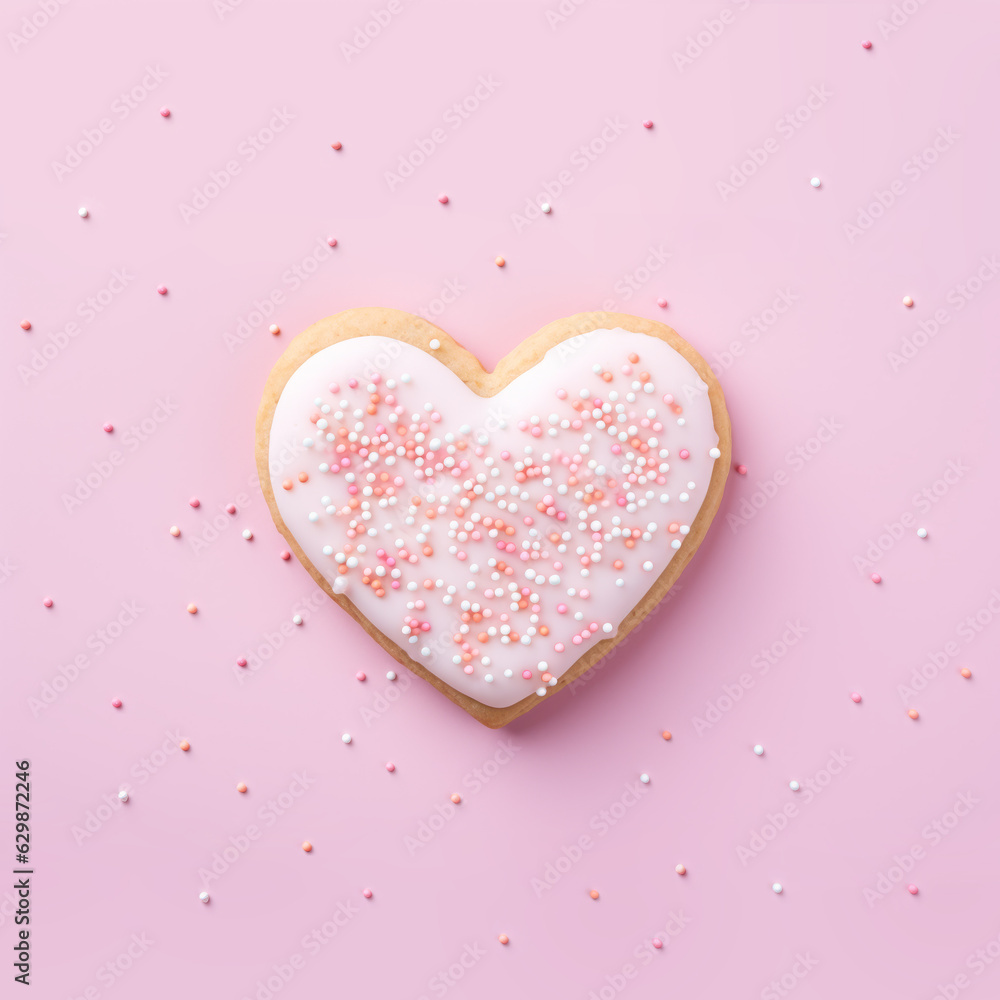 Sugar cookie in heart shape, on pink background. Valentine, love, romance concept. AI generative, illustration.