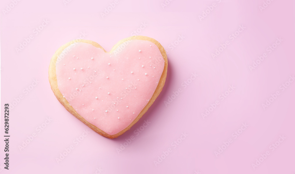 Sugar cookie in heart shape, on pink background. Valentine, love, romance concept. AI generative, illustration.