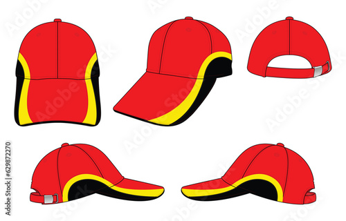 Red-yellow-black baseball cap with trim style and have metal buckle strap back design on white background, vector file. photo