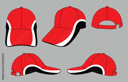 Red-white-black baseball cap with trim style and have metal buckle strap back design on gray background, vector file. photo