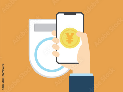 タッチ決済をするスマホを持つ手のイラスト
