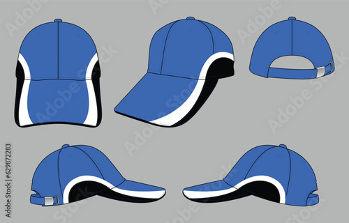 Blue-white-black baseball cap with trim style and have metal buckle strap back design on gray background, vector file. photo