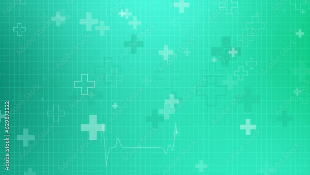 Green medical background with grid, heart cardiogram line. Flying plus symbols of health care. Looped animation. Copy space. Green medical background with grid, heart cardiogram line. Flying plus symbols of health care. Looped animation. Copy space.