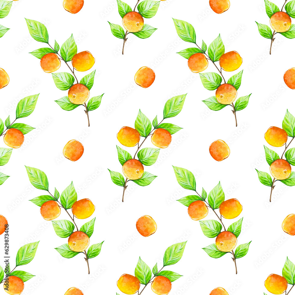 Seamless pattern with peach tree branches, peaches. Watercolor Seamless pattern with peach tree branches, peaches. Watercolor