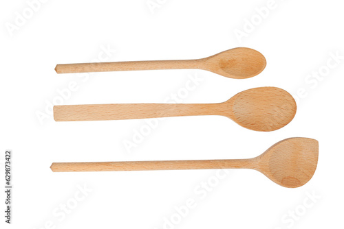 Three wooden spoons of different shapes and sizes. Kitchen tools, retro. Transparent background.