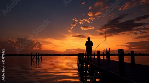 Silhouette of a man fishing off a wooden pier at sunset