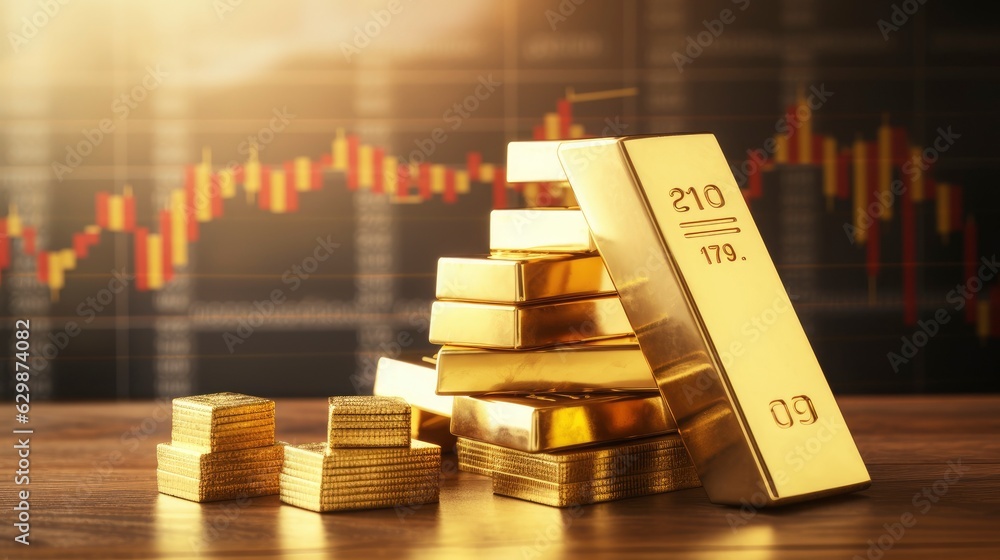 Gold bar on the table with stock price chart background, Generative AI Gold bar on the table with stock price chart background, Generative AI