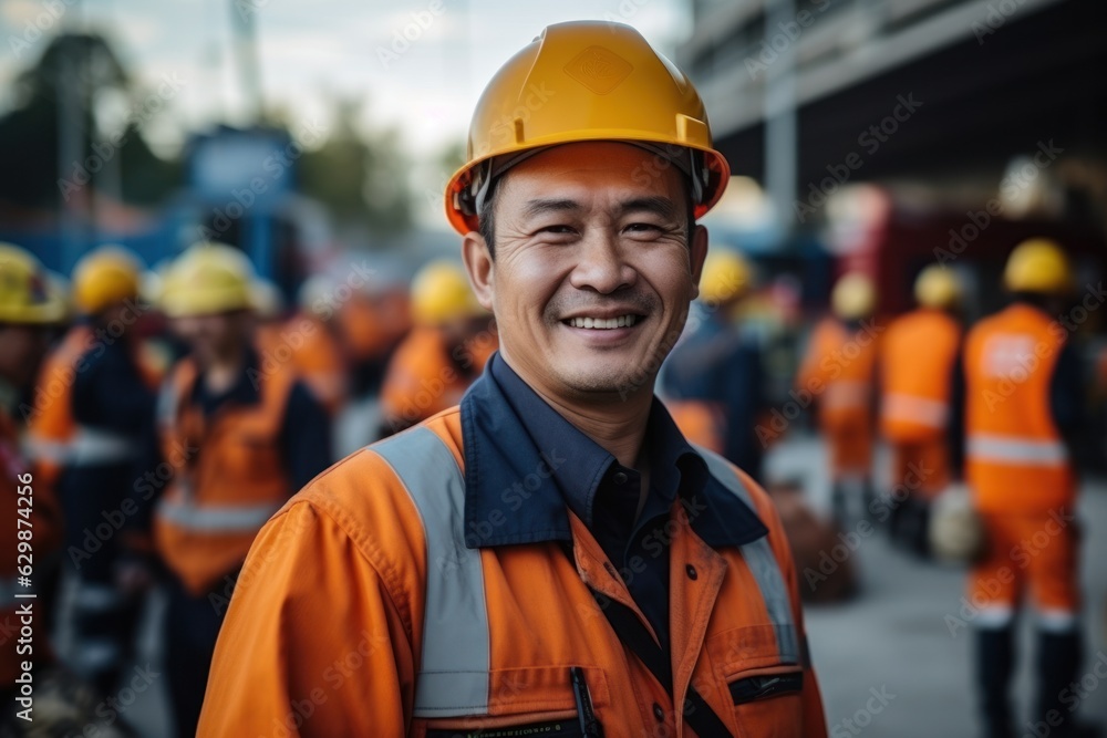 Smiling construction engineer looking at camera standing in front of the construction site Smiling construction engineer looking at camera standing in front of the construction site