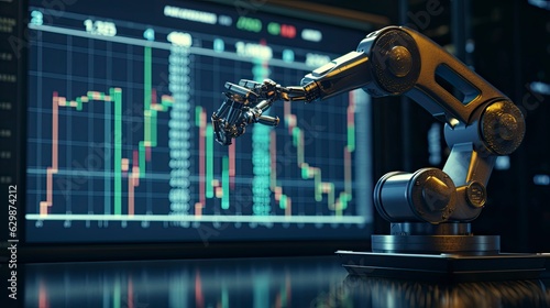 Robotic arm on the table with stock price chart background, Generative AI