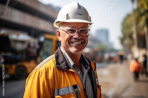 Smiling construction engineer looking at camera standing in front of the construction site