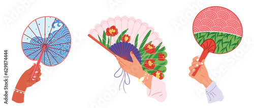 Chenese and Japanese hand fan. Vector illustration. A Chinese fan, operof ancient tales in vibrant colors A handheld fan, unsung melody of respite A hand fcarries fragrance of distant summers