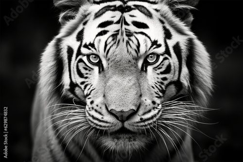 Black and white portrait of a Siberian tiger