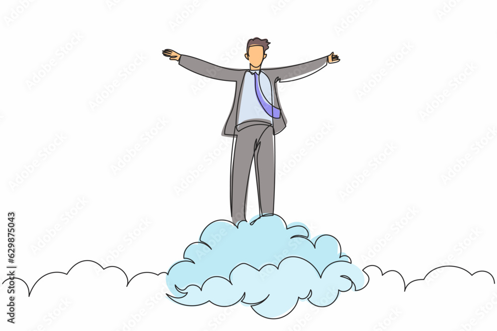 Continuous one line drawing happy businessman on top of cloud with raised hand. Successful business working manager. Financial freedom, happiness, peaceful. Single line draw design vector illustration Continuous one line drawing happy businessman on top of cloud with raised hand. Successful business working manager. Financial freedom, happiness, peaceful. Single line draw design vector illustration