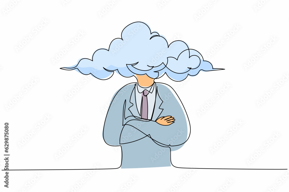 Obraz premium Single continuous line drawing cloud head businessman. Man with empty head and cloud instead. Distracted, daydreaming, absent and impractical concept. One line draw graphic design vector illustration