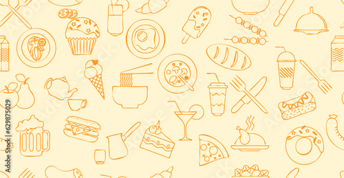 Seamless background. Endless pattern with burger, hot dog, pizza and other food and drinks. Orange vector pattern on a warm light background. Best for restaurants, cafes, bars and food courts