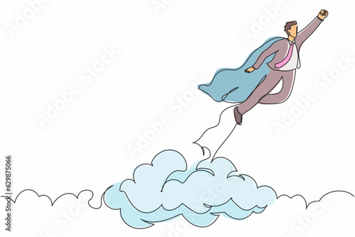 Continuous one line drawing super hero businessman flying up cloud. Super worker in robe cloak takes off. Power, uniqueness, start-up business idea. Single line draw design vector graphic illustration