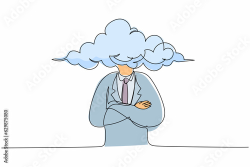 Single continuous line drawing cloud head businessman. Man with empty head and cloud instead. Distracted, daydreaming, absent and impractical concept. One line draw graphic design vector illustration