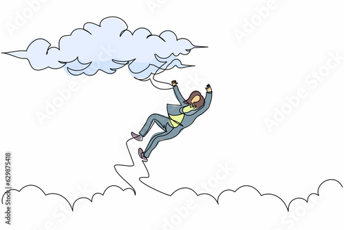 Single continuous line drawing unlucky businesswoman falling from sky. Failure and defeat. Employee dismissal, bankruptcy. Financial crisis, losing job. One line graphic design vector illustration