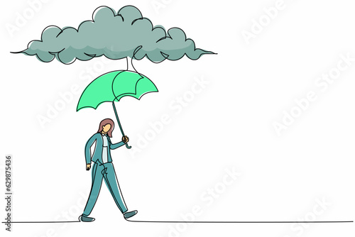 Continuous one line drawing protective businesswoman walking with umbrella stand under rain cloud. Depression, passerby at rainy weather. Drenched woman. Single line design vector graphic illustration
