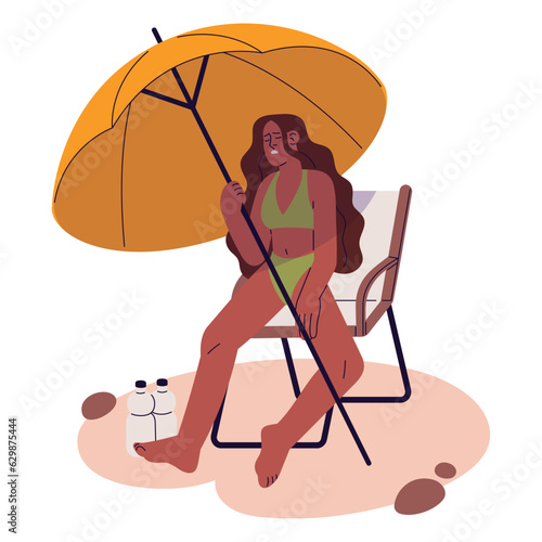 Summer heat. Woman under beach umbrella, protecting from hot weather, high temperature, feeling bad unwell. Heatstroke, sunstroke concept. Flat vector illustration isolated on white background