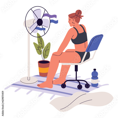 Woman in front of electric fan, cooling hot air, high temperature at home. Sweating girl and blowing breezing device in summer heat. Flat graphic vector illustration isolated on white background
