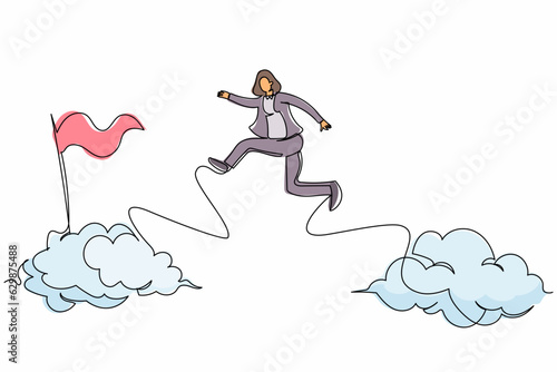Continuous one line drawing brave businesswoman jump and leap over clouds to reach success target flag. Challenge of her career. Business metaphor. Single line draw design vector graphic illustration