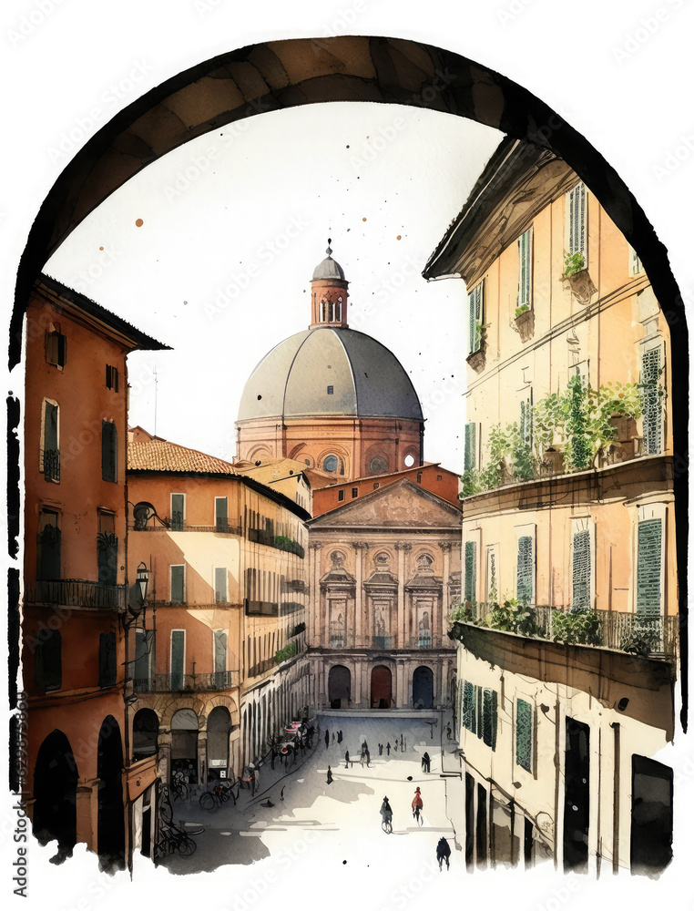 Fototapeta premium Cityscape of Bologna in Italy. Watercolor illustration. Medieval architecture, travel concept.