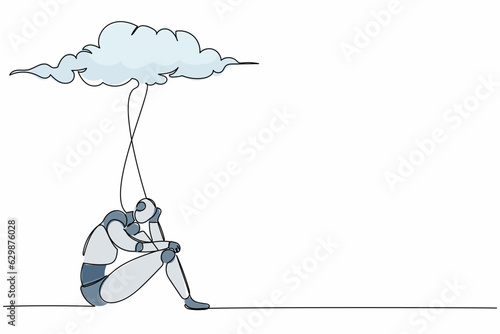 Single continuous line drawing unhappy robot feeling stress and sad. Sitting under rain cloud. Robotic artificial intelligence. Electronic technology industry. One line draw design vector illustration