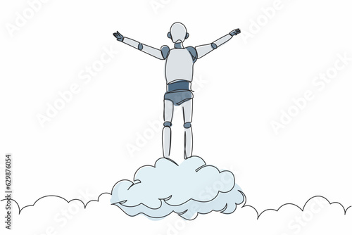 Single one line drawing robot on top of cloud with raised hand. Future technology development. Artificial intelligence and machine learning processes. Continuous line draw design vector illustration