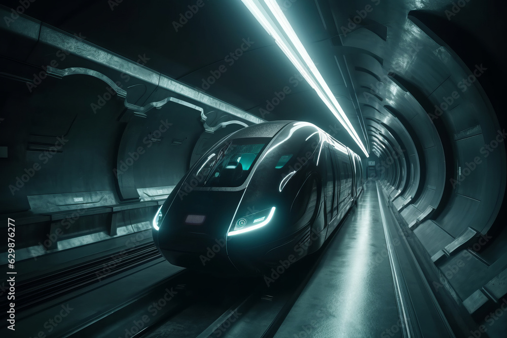 Futuristic train driving in tunnel, white neon lights - the vehicle of the future concept