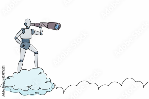 Single one line drawing robot on cloud holding binocular to search for business innovation. Future technology development. Artificial intelligence. Continuous line design graphic vector illustration