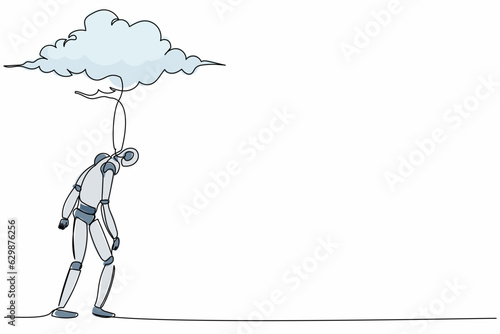 Single one line drawing robot walking under rain cloud. Loneliness in overcast weather. Future technology development. Artificial intelligence. Continuous line draw design graphic vector illustration
