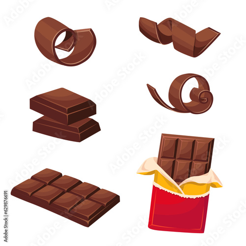 A set of milk chocolate and milk chocolate curls, shavings. Vector illustration
