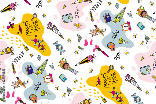Seamless decorative birthday or school pattern - colorful hand-drawn cartoon school objects. Colorful hand-drawn doodles. Suitable for wrapping paper, decoration, party paper, gift markets. 
