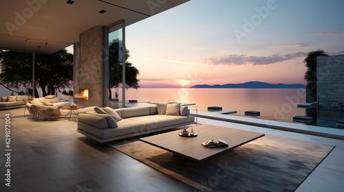 Luxurious terrace with sunset and living room interior with ocean view and the fireplace. Generative AI © arthyeon