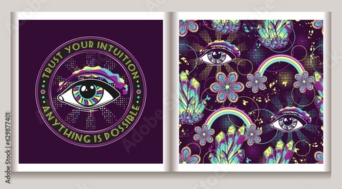 Surreal pattern, label with all seeing eye, crystals, flowers, paint splatter and halftone shapes. Concept of expansion of mind. For fantasy, groovy, hippie, mystical, esoteric, surreal design