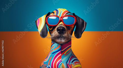 Designer Dog Portrait. Colorful banner with empty copy space on the side. Generative AI. © s1llu