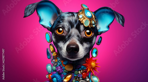 Jeweler Dog Portrait. Colorful banner with empty copy space on the side. Generative AI.