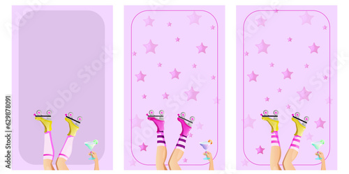 long legs wearing roller skates and hand with cocktail. Template of cocktail party Invitation for sporty girls with place for text. Barbiecore Y2K style. Glamorous trendy pink posters. Nostalgic pink