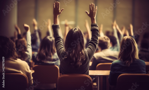 Young woman at a college, university or course, raising her hand, ready to answer a question. Concept of learning and education. Shallow field of view. Illustrative Generative AI. Not a real person.