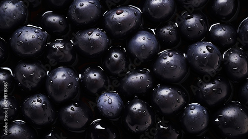 Black olives with leaves and water drops background. Vegetables backdrop. Generative AI