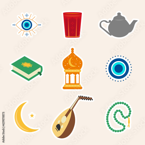 Islamic Icon collection pack. Muslim sticker set in flat design. Vector illustration. Colorful element set.
