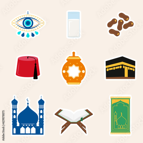 Islamic Icon collection pack. Muslim sticker set in flat design. Vector illustration. Colorful element set.