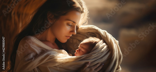 Fotografiet Portrait of Mary with baby Jesus in his arms