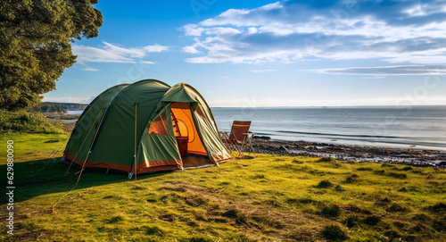 Tourist tent near the sea on green grass. Generative AI
