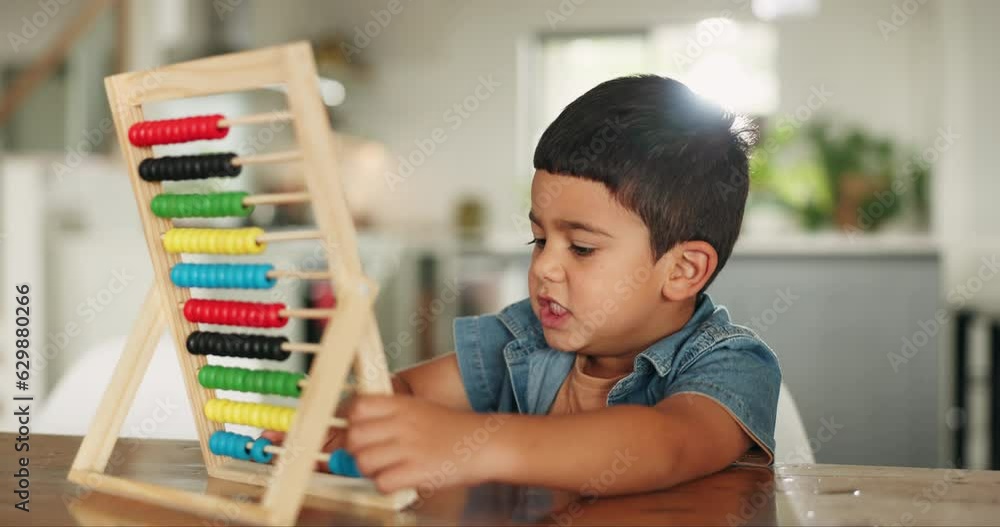 Education, math and child with abacus for learning, studying and teaching for development. Creative, school and boy at table in home for knowledge, counting and academic lesson with educational toy